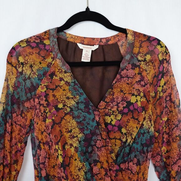 Sundance Blouse Women XS 100% Silk 3/4 Sleeve Lined Floral Boho Multi Color Fall - Picture 15 of 15